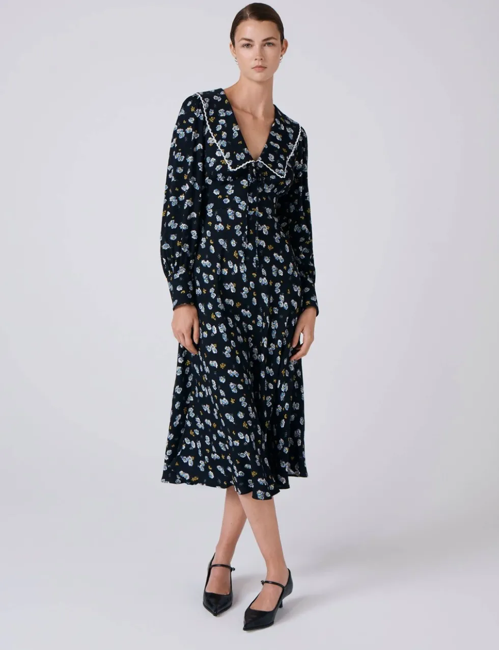 Crepe Floral Collared Midi Skater Dress