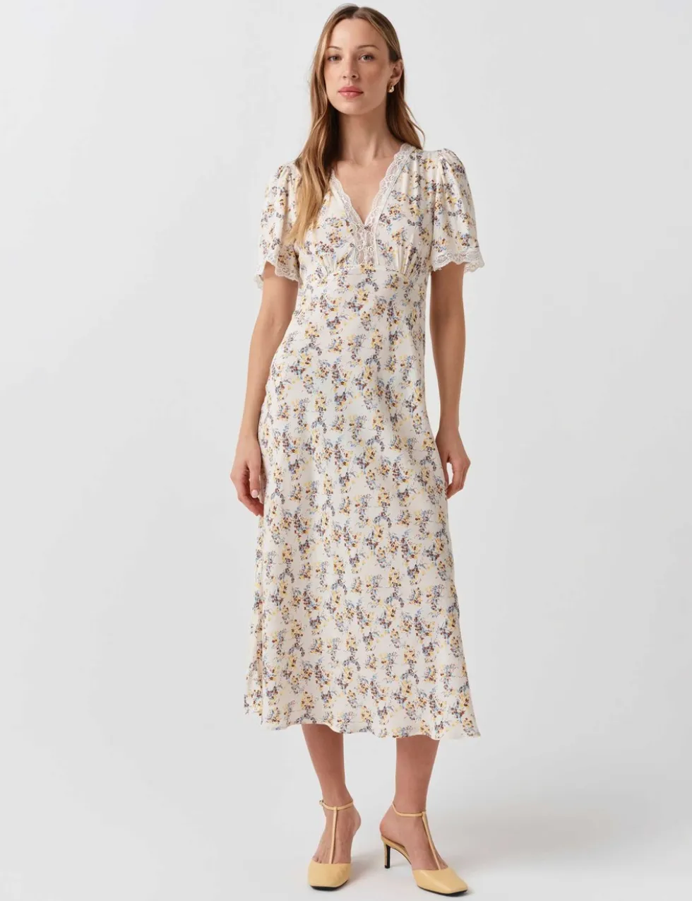 Crepe Floral Lace Midi Tea Dress