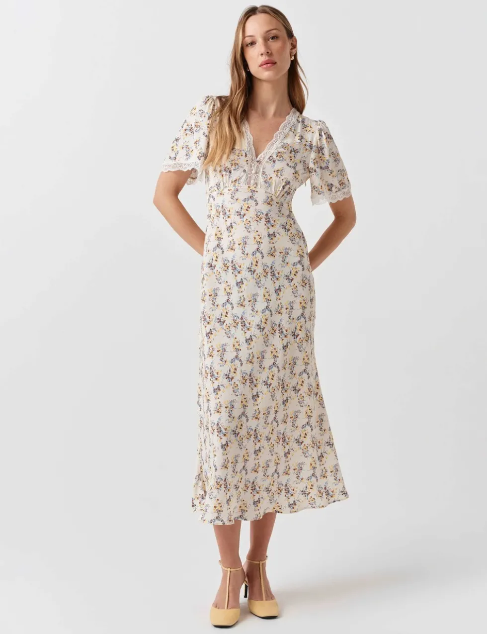 Crepe Floral Lace Midi Tea Dress