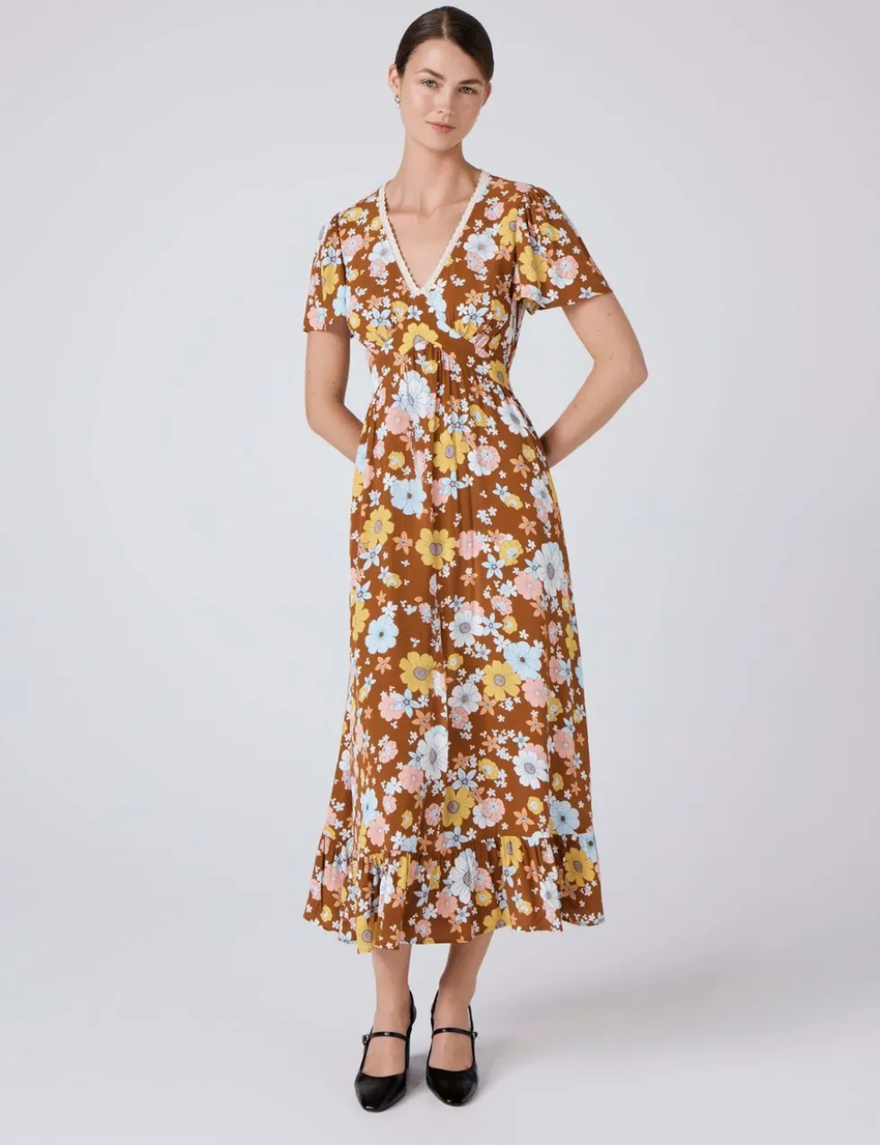 Crepe Floral Lace Trim Midi Tea Dress