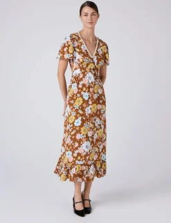 Crepe Floral Lace Trim Midi Tea Dress