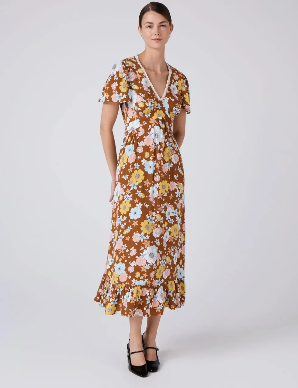 Crepe Floral Lace Trim Midi Tea Dress