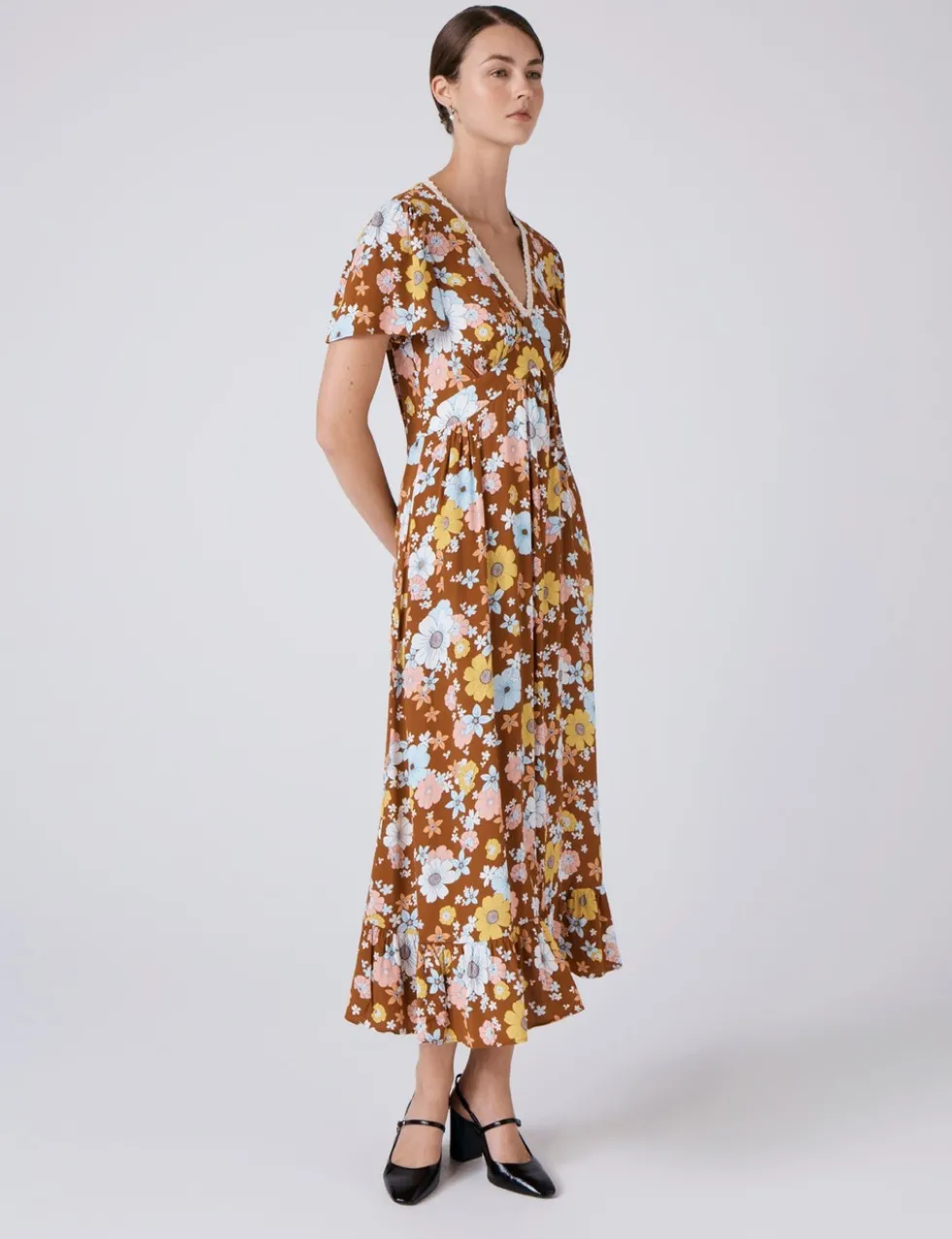 Crepe Floral Lace Trim Midi Tea Dress