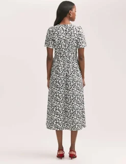 Crepe Floral Tie Neck Midi Tiered Tea Dress