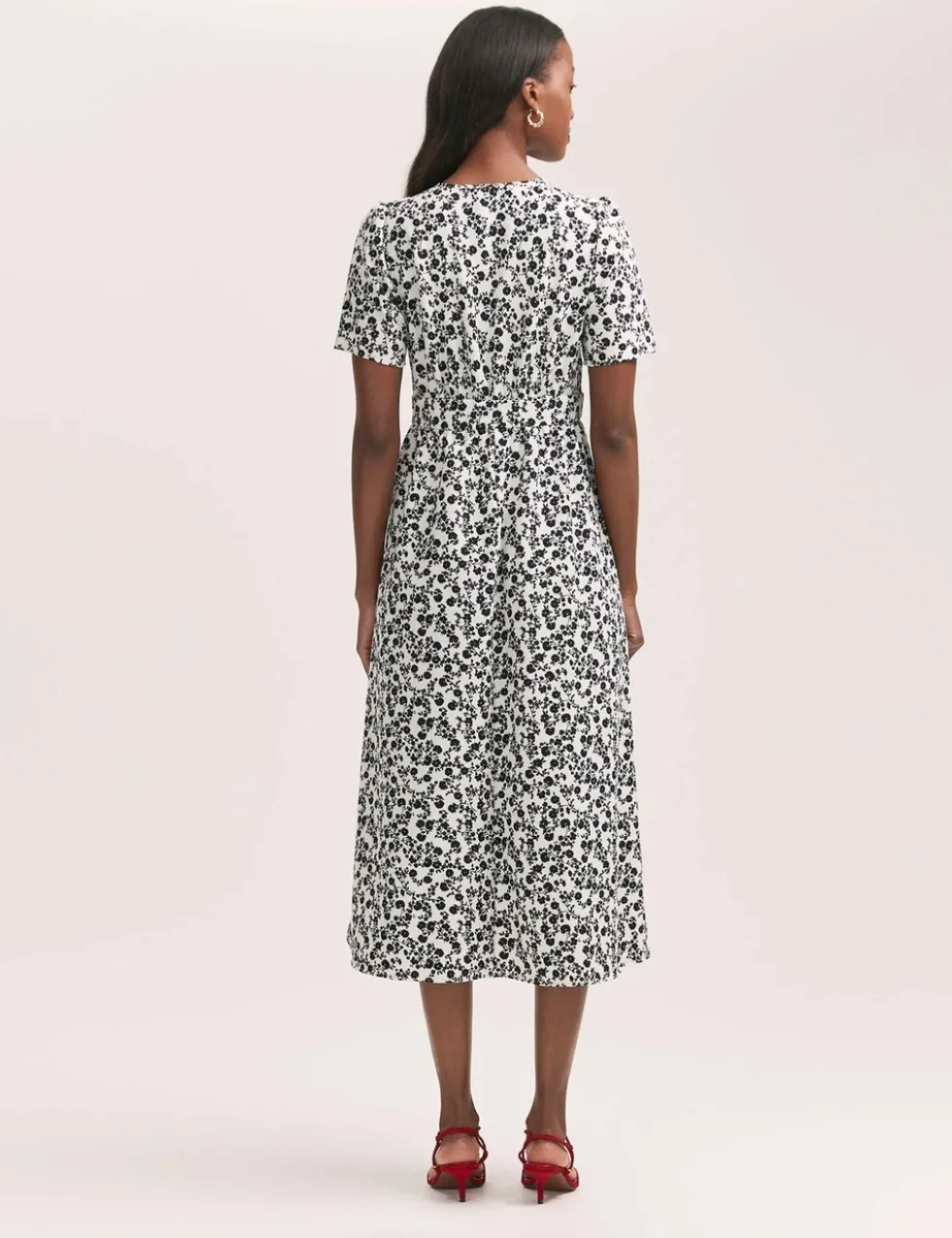Crepe Floral Tie Neck Midi Tiered Tea Dress