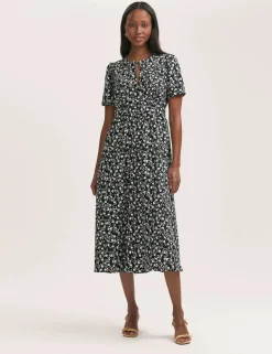 Crepe Floral Tie Neck Midi Tiered Tea Dress