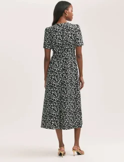 Crepe Floral Tie Neck Midi Tiered Tea Dress