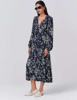 Crepe Floral V-Neck Midi Skater Dress