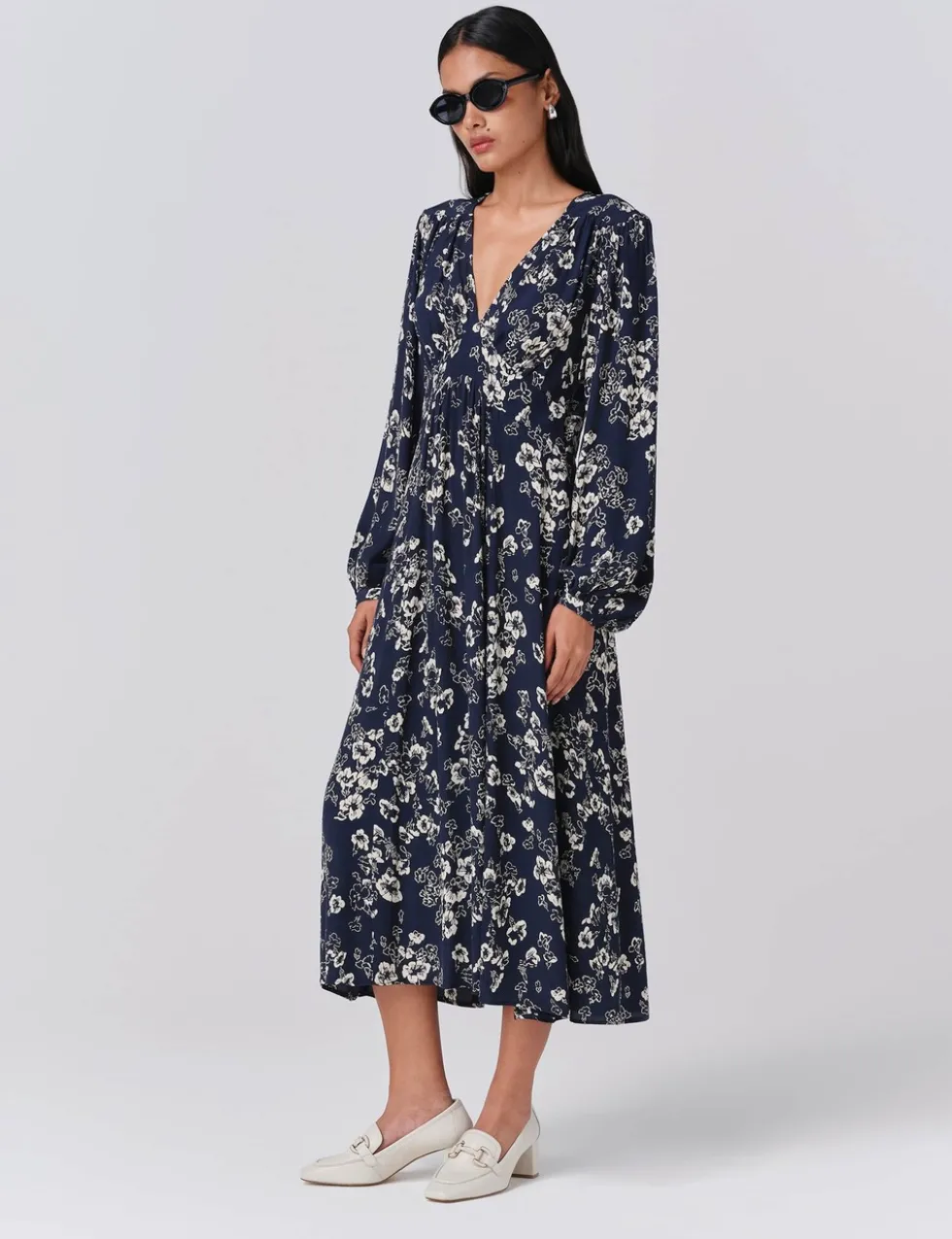 Crepe Floral V-Neck Midi Skater Dress
