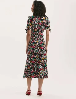 Crepe Floral V-Neck Midi Tea Dress