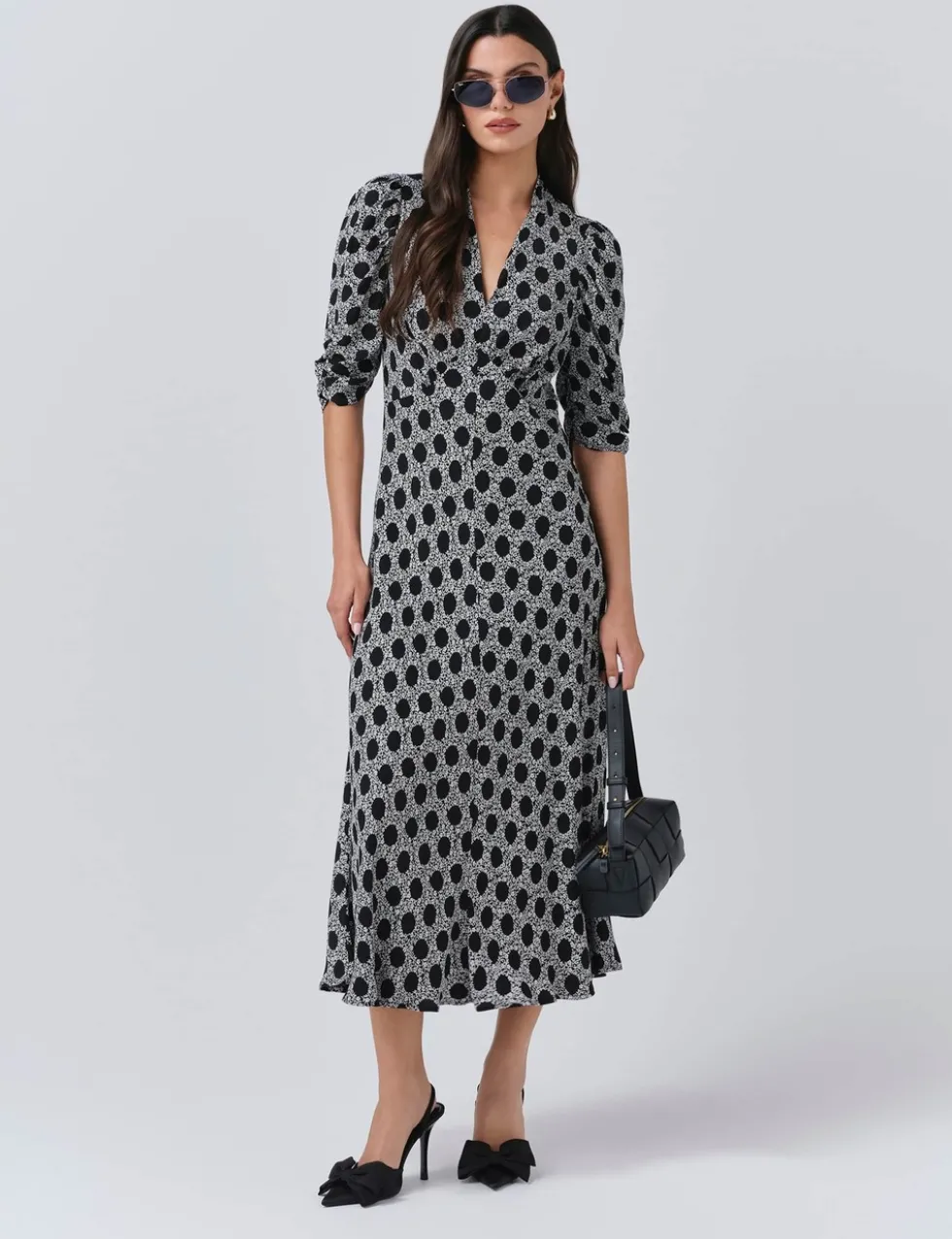 Crepe Floral V-Neck Midi Tea Dress