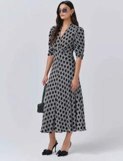 Crepe Floral V-Neck Midi Tea Dress