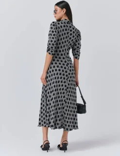 Crepe Floral V-Neck Midi Tea Dress