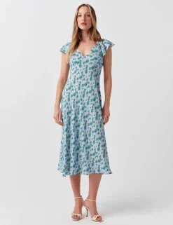 Crepe Floral V-Neck Midi Tea Dress