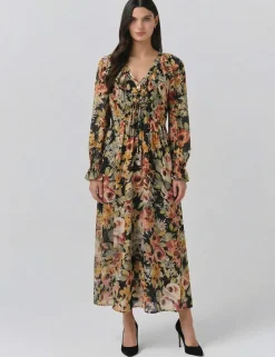 Crepe Floral V-Neck Midi Tea Dress
