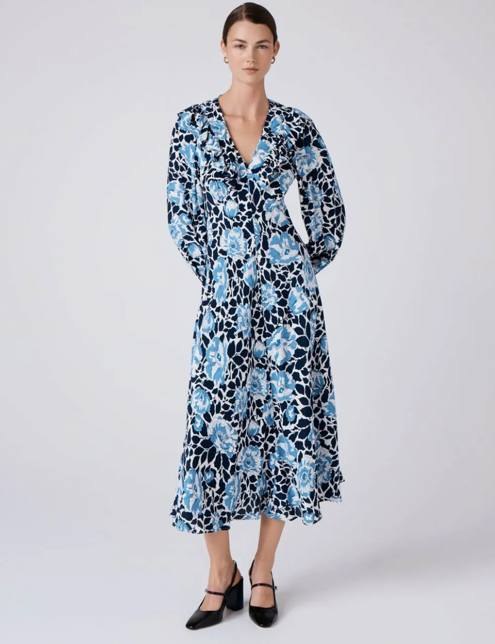 Crepe Floral V-Neck Midi Tiered Dress