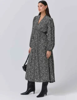 Crepe Floral V-Neck Midi Waisted Dress