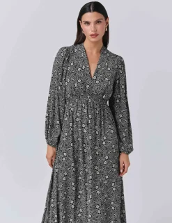 Crepe Floral V-Neck Midi Waisted Dress