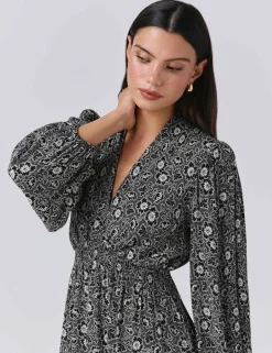 Crepe Floral V-Neck Midi Waisted Dress