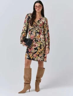 Crepe Floral V-Neck Mini Tea Dress