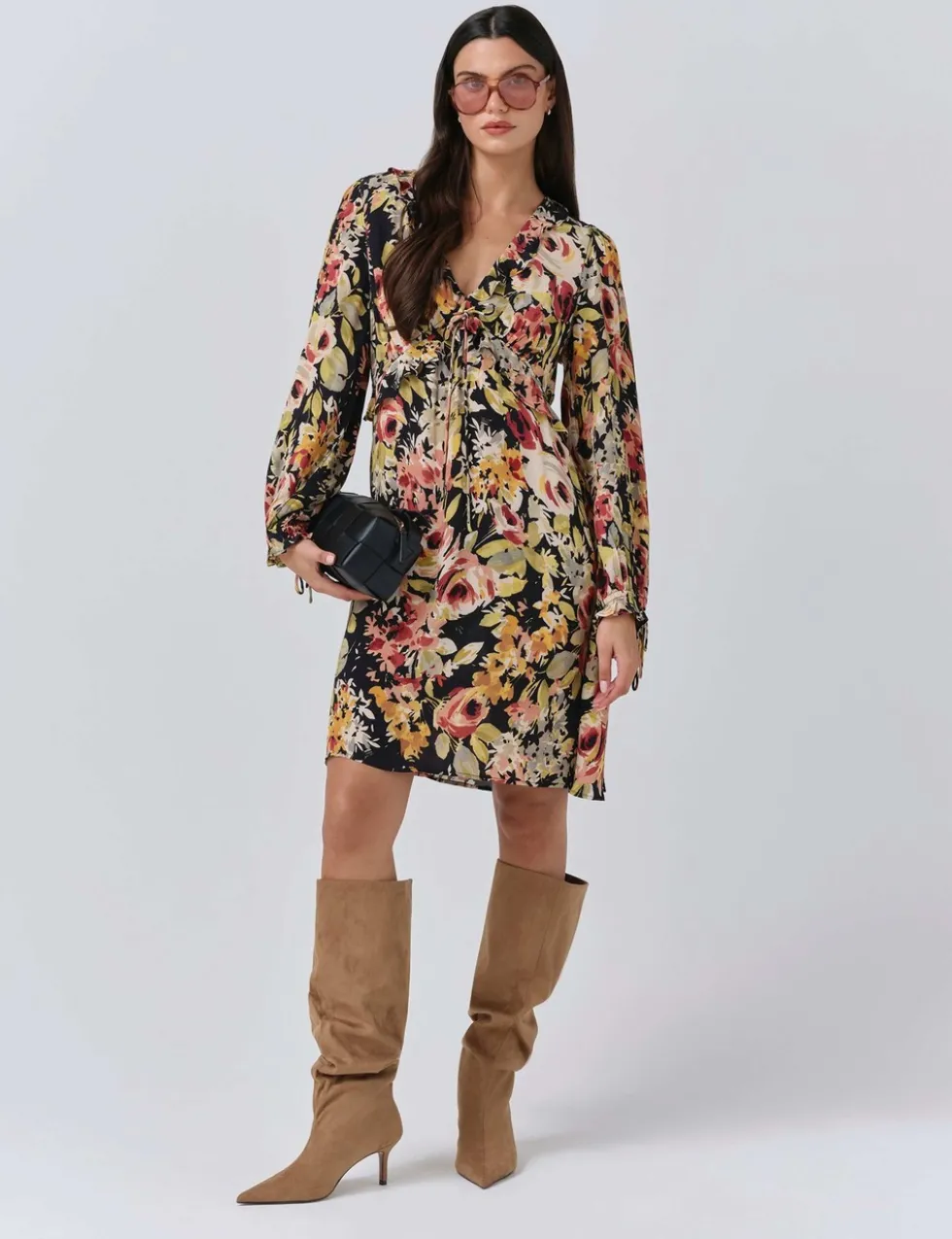 Crepe Floral V-Neck Mini Tea Dress