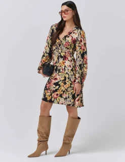 Crepe Floral V-Neck Mini Tea Dress