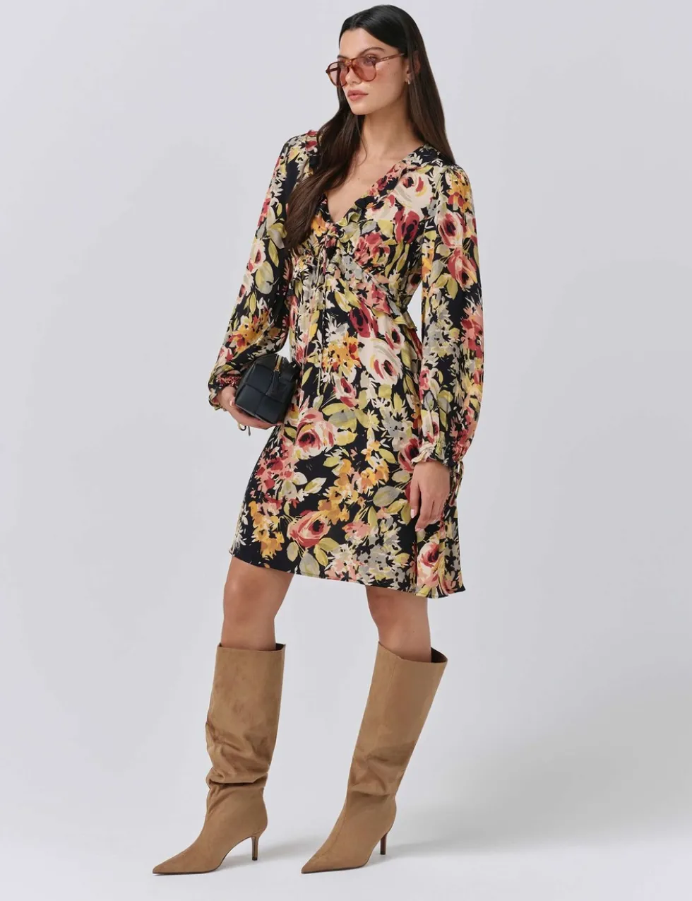 Crepe Floral V-Neck Mini Tea Dress