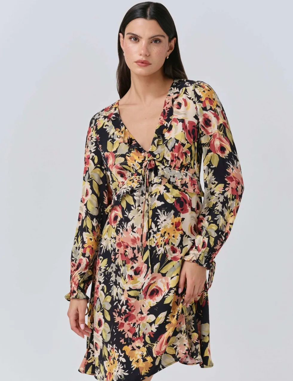 Crepe Floral V-Neck Mini Tea Dress