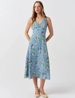 Crepe Floral V-Neck Pintuck Midi Tea Dress