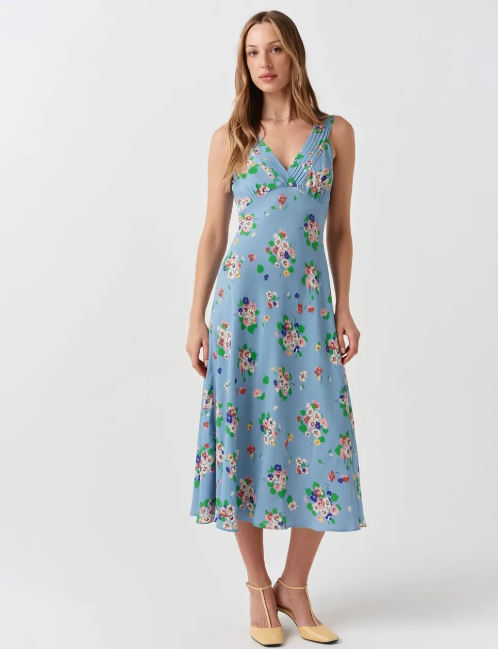 Crepe Floral V-Neck Pintuck Midi Tea Dress