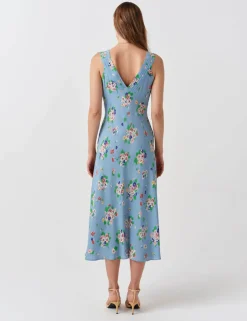 Crepe Floral V-Neck Pintuck Midi Tea Dress