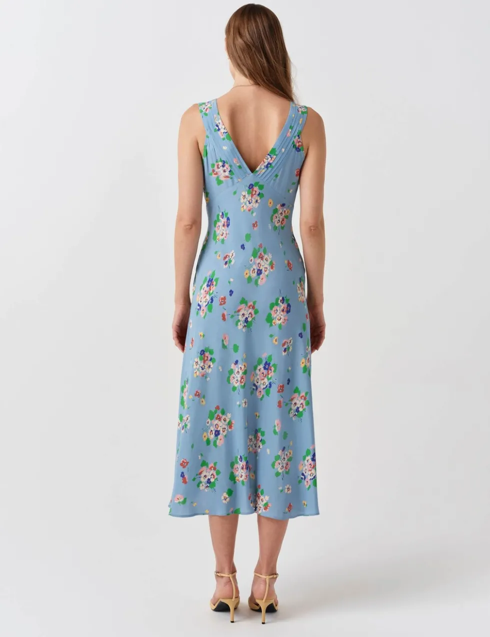 Crepe Floral V-Neck Pintuck Midi Tea Dress