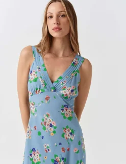 Crepe Floral V-Neck Pintuck Midi Tea Dress