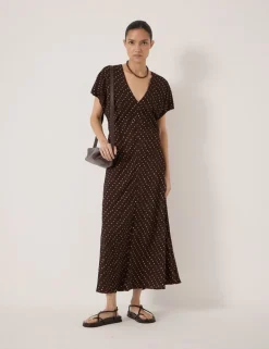 Crepe Polka Dot V-Neck Maxi Tea Dress