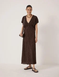 Crepe Polka Dot V-Neck Maxi Tea Dress