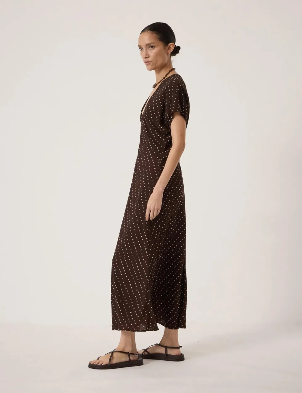 Crepe Polka Dot V-Neck Maxi Tea Dress