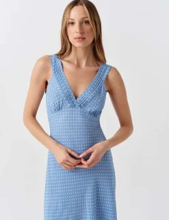 Crepe Polka Dot V-Neck Midi Tea Dress