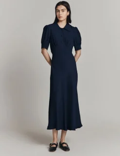 Crepe Puff Sleeve Midi Tea Dress
