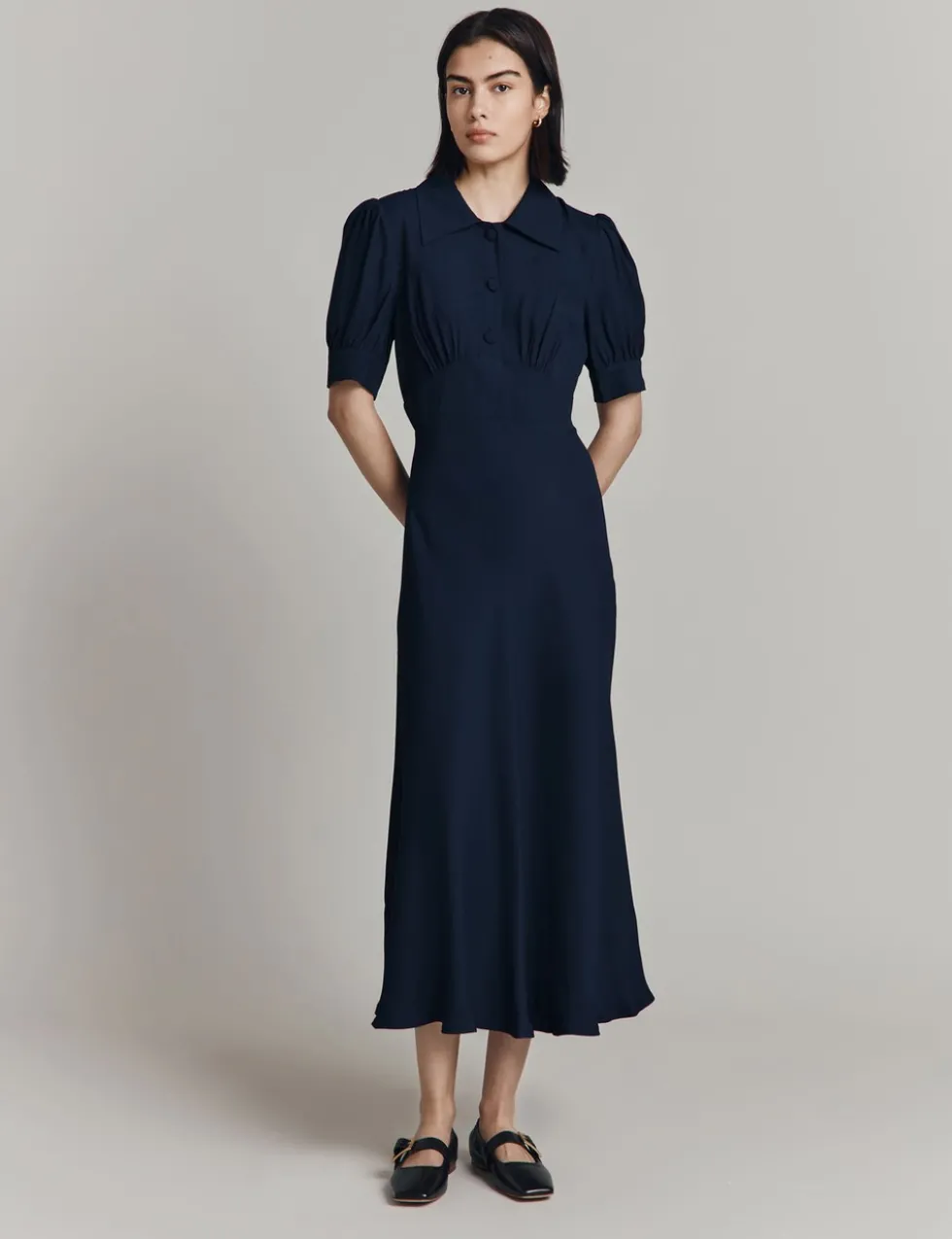 Crepe Puff Sleeve Midi Tea Dress
