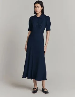 Crepe Puff Sleeve Midi Tea Dress
