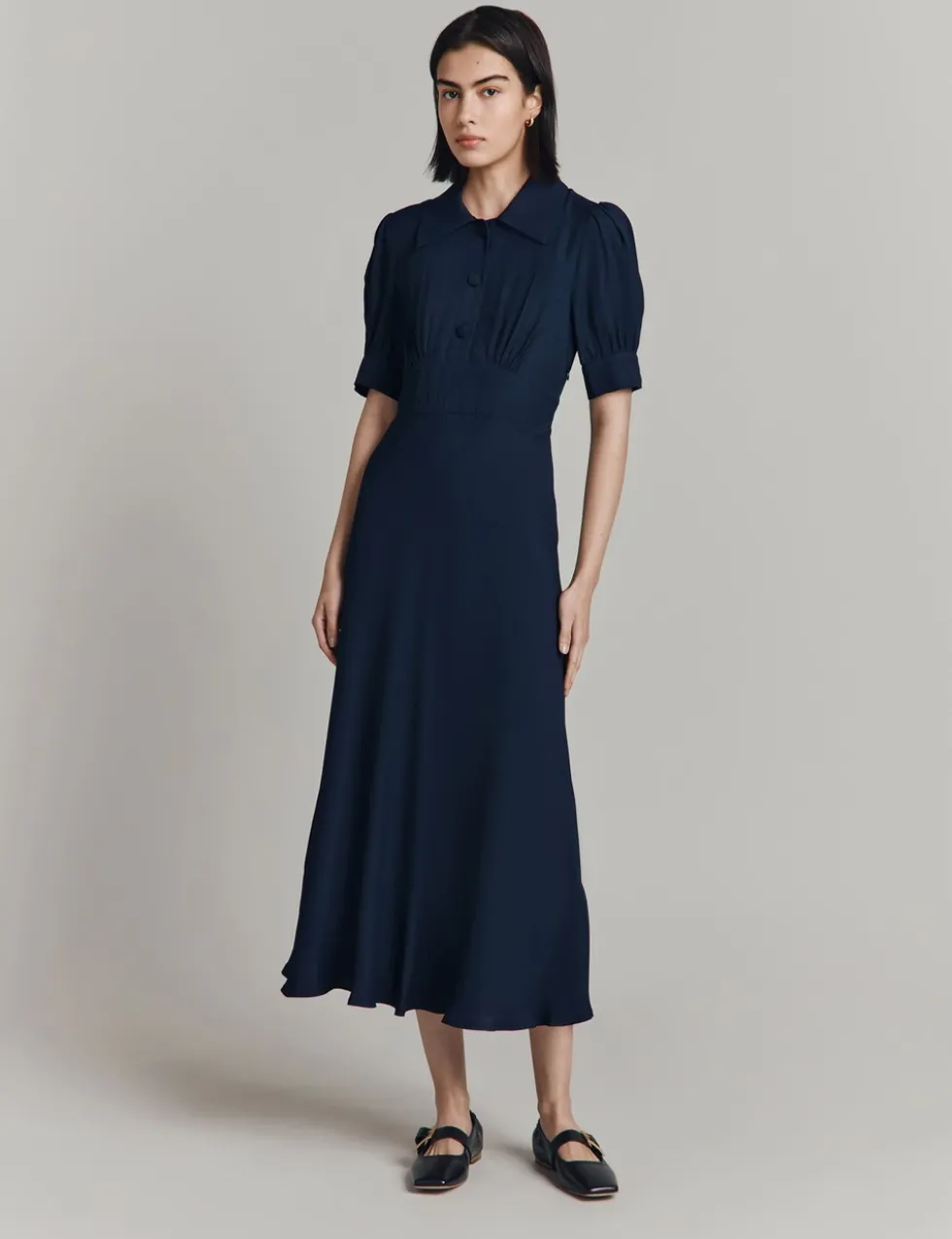 Crepe Puff Sleeve Midi Tea Dress