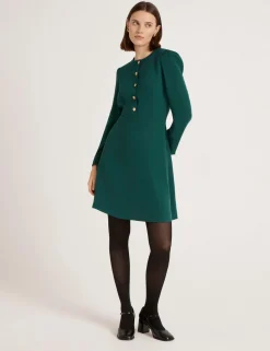 Crepe Round Neck Knee Length Waisted Dress