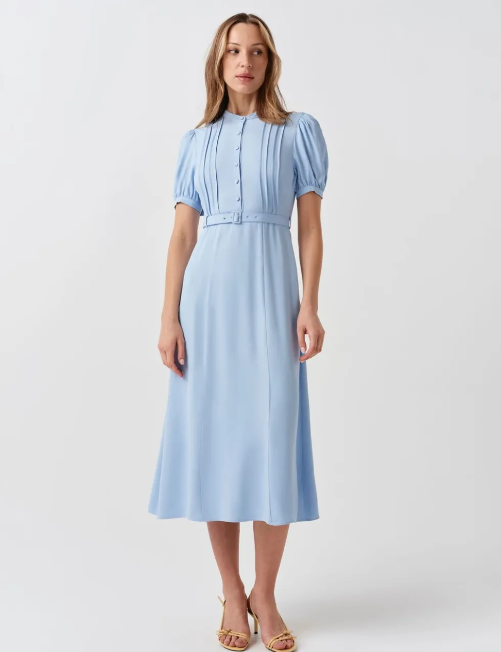 Crepe Round Neck Midi Waisted Tea Dress