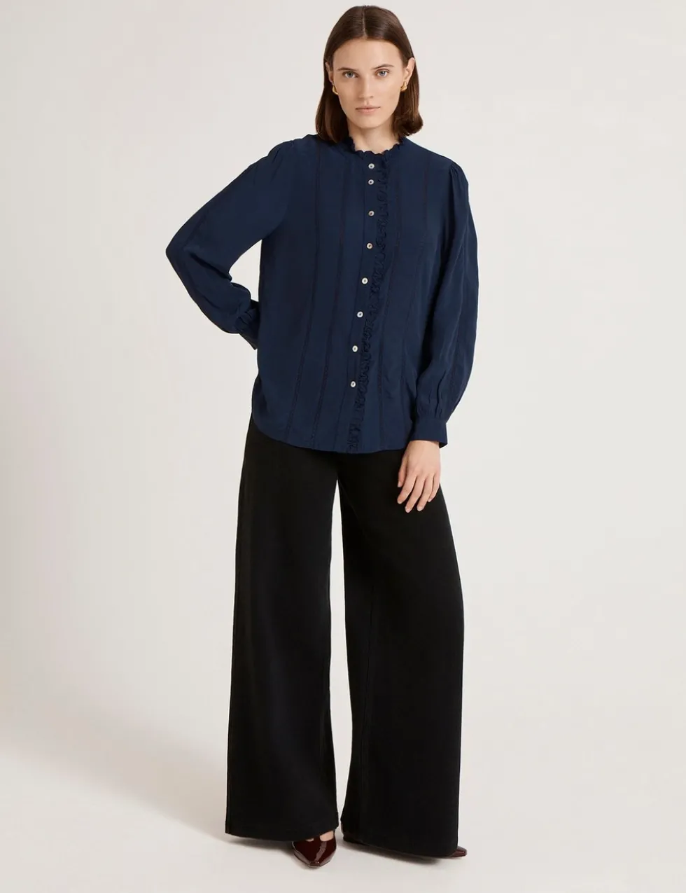 Crepe Round Neck Ruffle Blouse
