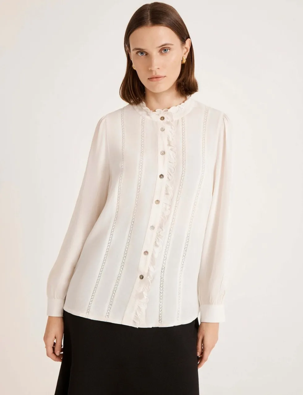 Crepe Round Neck Ruffle Blouse