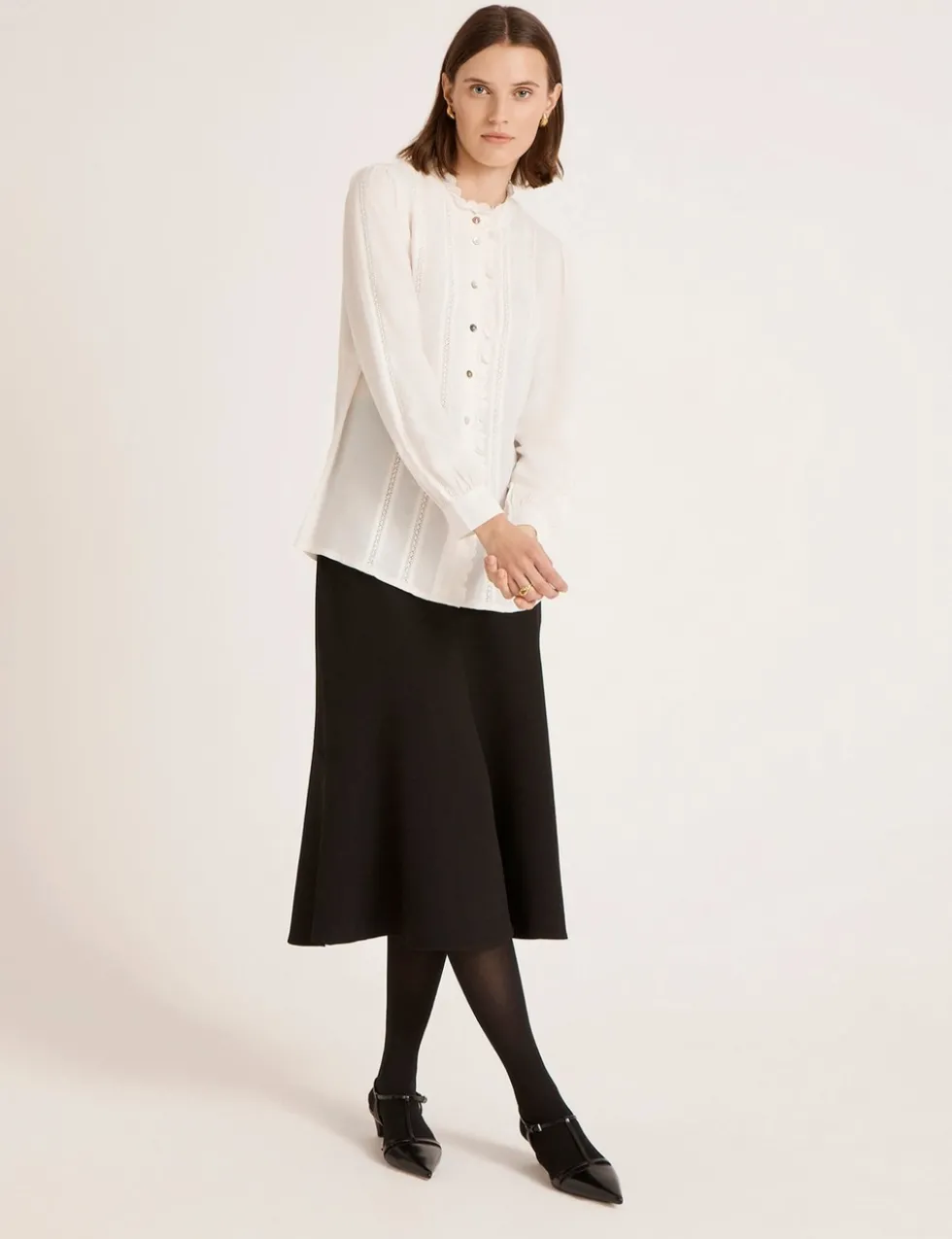 Crepe Round Neck Ruffle Blouse