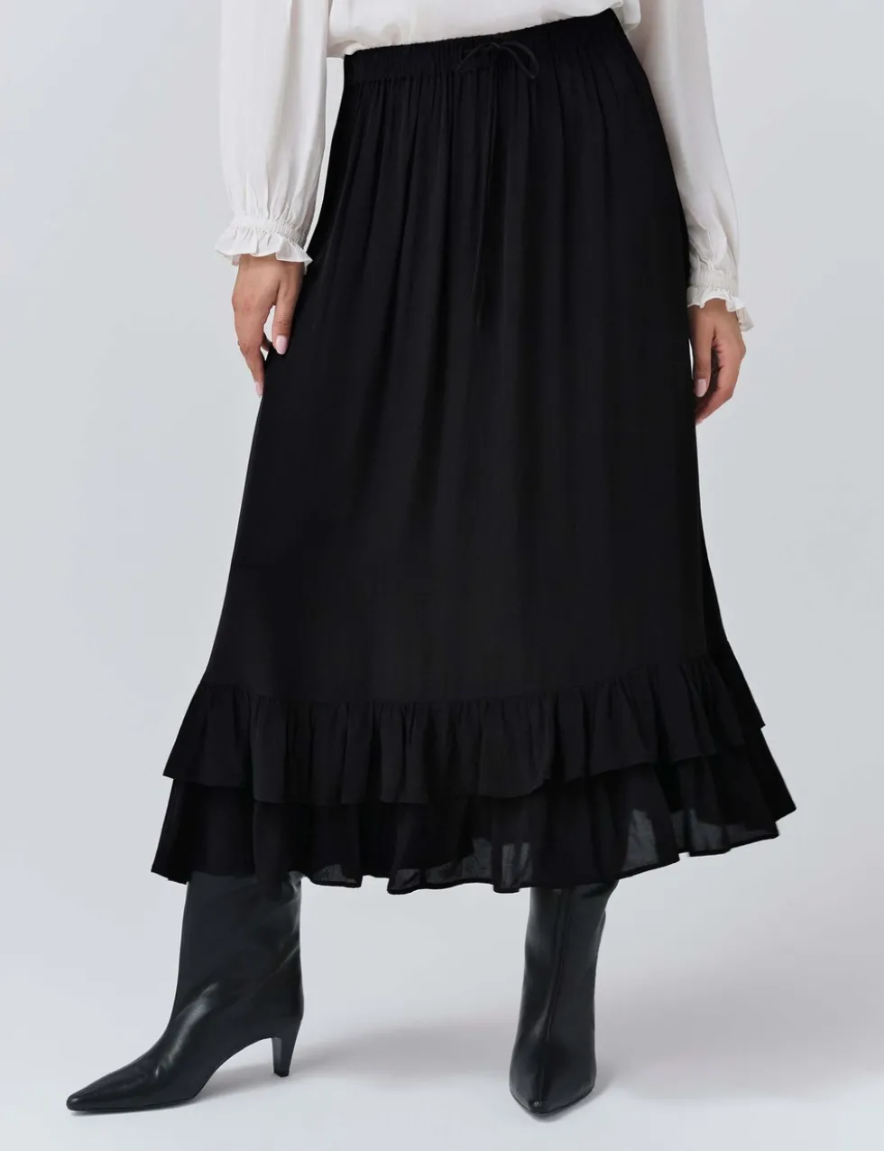 Crepe Ruffle Midi Tiered Skirt