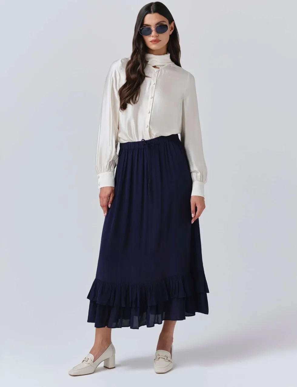 Crepe Ruffle Midi Tiered Skirt