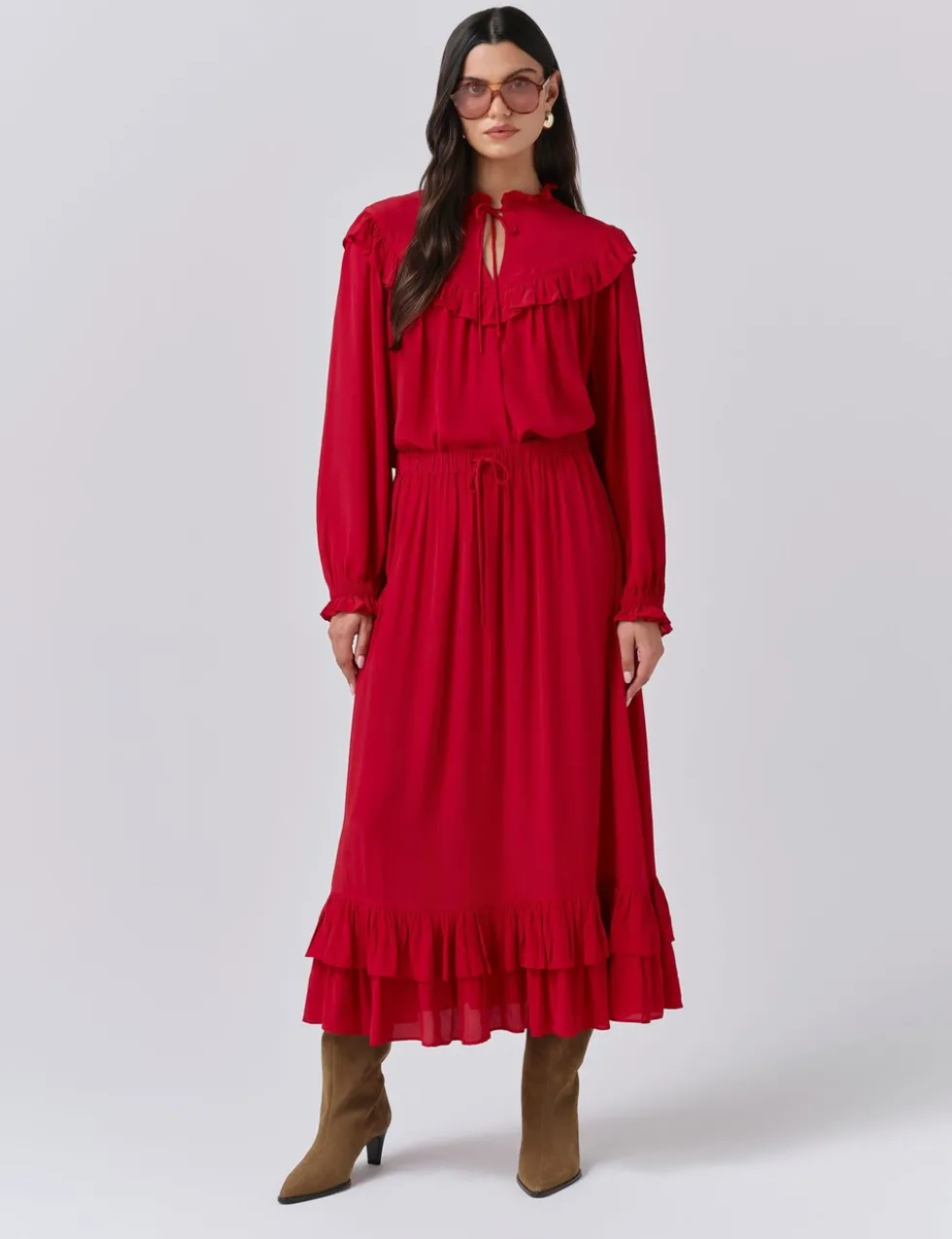Crepe Ruffle Midi Tiered Skirt