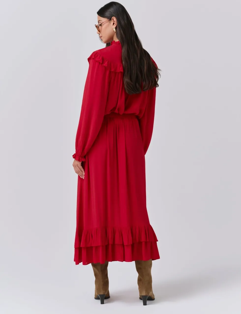 Crepe Ruffle Midi Tiered Skirt